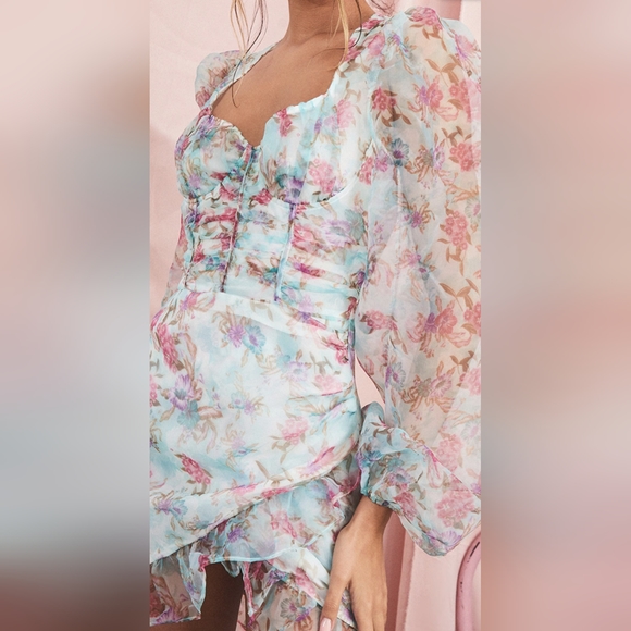 PLT Multi Floral Print Organza Puff Sleeve Wrap Bodycon Fairytale Dress 🩷 💙🌸 - Picture 3 of 4